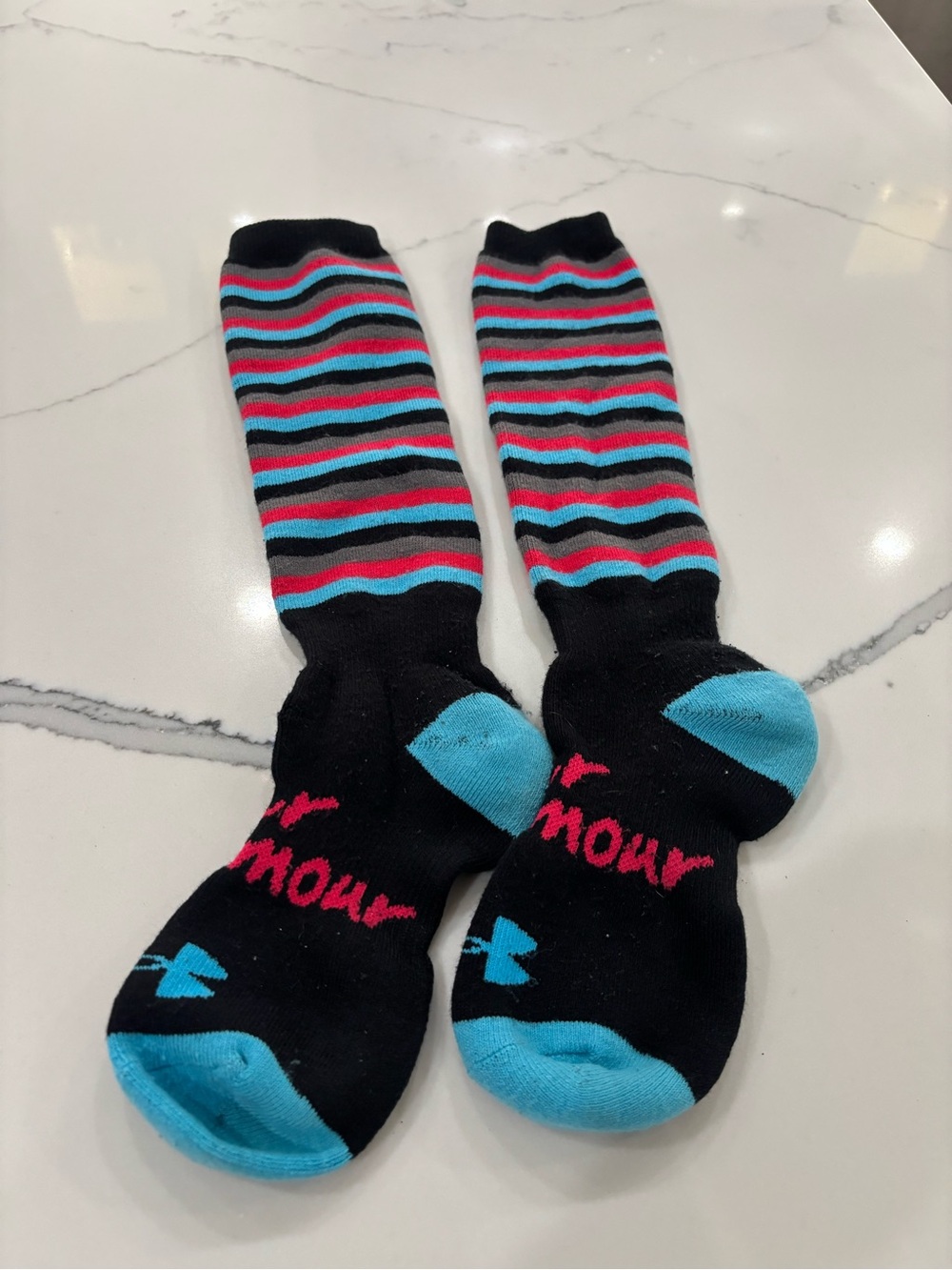 Under Armour Black Knee-High Ski/Snowboard Socks with Turquoise & Pink Stripes